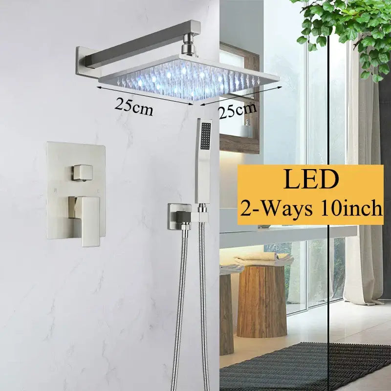 Modern matte black shower faucet set with brushed nickel square rain shower head and led handheld shower faucet set
