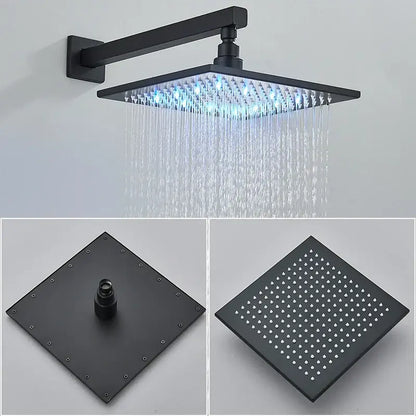 Modern matte black led rainfall shower faucet set featuring a black matte square rain shower head with blue led lighting
