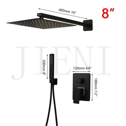 Modern matte black led shower faucet set with black matte finish square rain head handheld shower and wall control panel