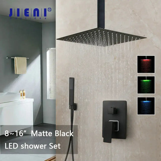 Modern matte black shower faucet set with square rain shower head and integrated red green blue led lighting