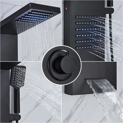 Modern matte black led shower panel with stainless steel construction featuring multiple spray heads and handheld sprayer