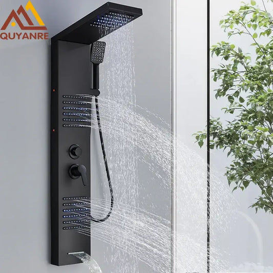 Modern matte black led shower panel with stainless steel quyanre rain shower system and handheld sprayer with multiple settings