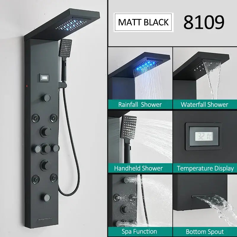 Modern matte black led shower panel with handheld sprayer featuring rainfall shower system and digital temperature display
