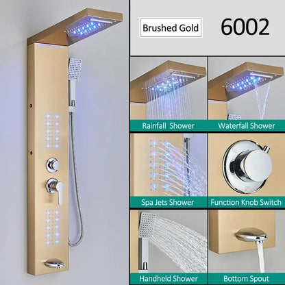 Modern matte black led shower panel with brushed gold rainforest shower system stainless steel multiple spray modes and led lighting