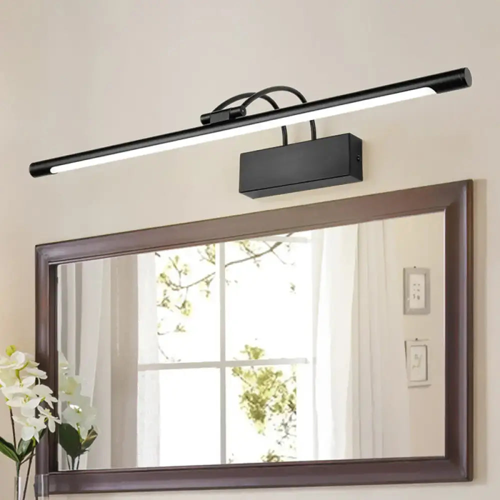 Modern matte black led wall light with sleek rectangular design and curved mounting arms for bathroom vanity use