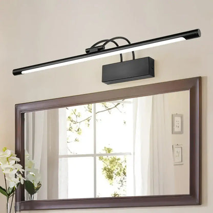 Modern matte black led wall light with sleek rectangular design and curved mounting arms for bathroom vanity use
