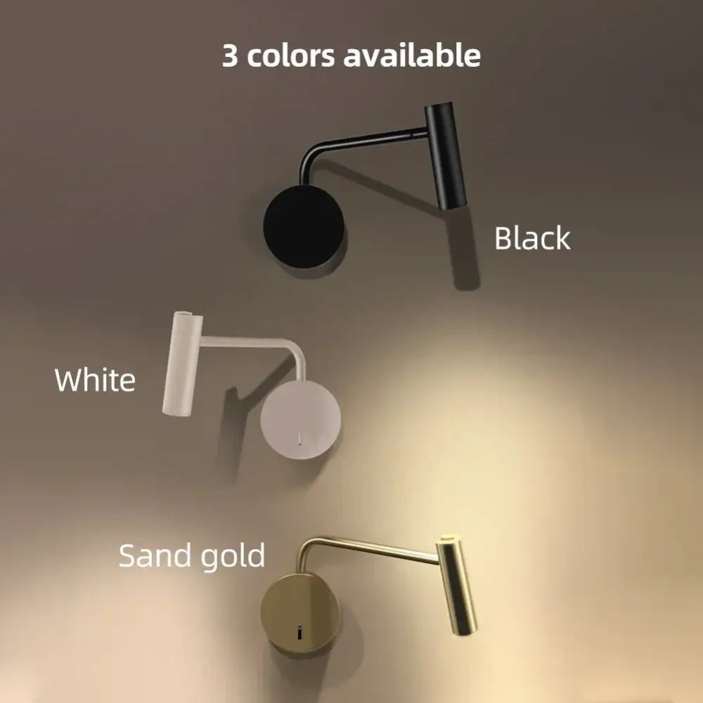 Modern minimalist wall lights in matte black, white, and sand gold finishes for adjustable bedroom reading decorbites gold led