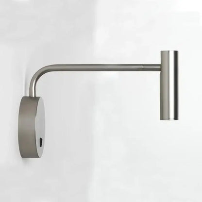 Modern brushed stainless steel wall lights with a sleek curved arm and cylindrical led light head for reading use