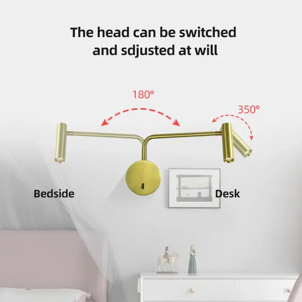 Gold-colored adjustable wall lights with two arms and cylindrical LED light heads for modern bedroom reading use