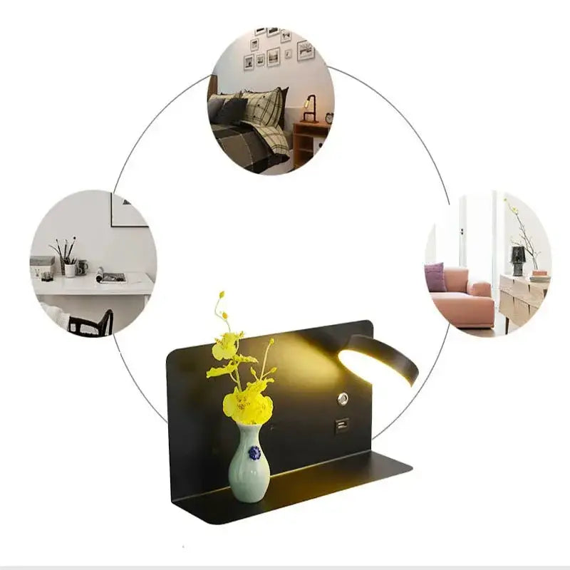 Modern matte black led wall lights with usb port featuring a metal desk lamp and light green vase with yellow flowers decorbites led wall