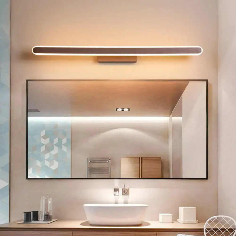 Modern matte black linear led vanity sconce with sleek metallic finish and warm ambient glow for bathroom mirror lighting