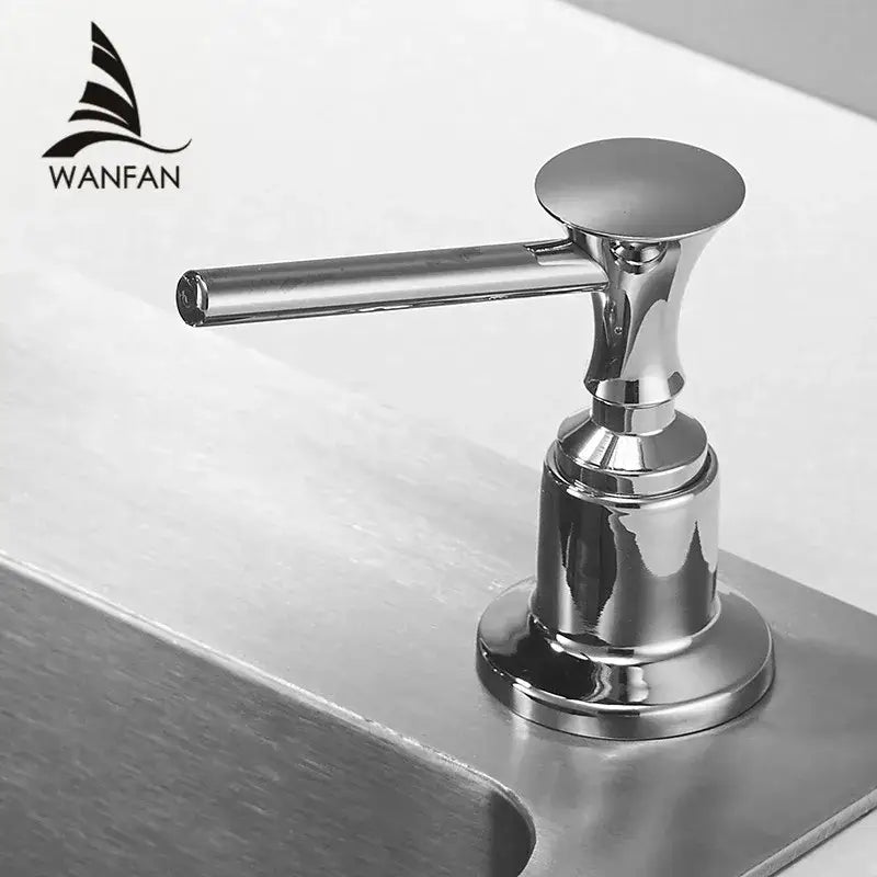 Modern matte black liquid soap dispenser with shiny chrome finish flat top and lever handle for kitchen use