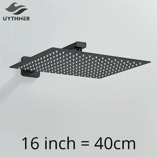 Modern matte black luxury rain shower head with square matte finish and triangular spray nozzles with wall shower arm