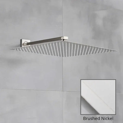Brushed nickel square shower head with sleek modern design and wall arm for luxury rain shower in bathroom