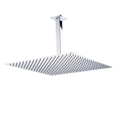 Modern chrome finished square shower head with diamond shaped nozzles and sleek luxury rain shower arm design
