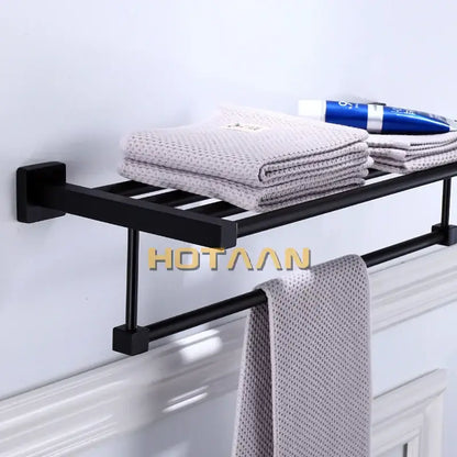 Modern matte black metal towel rack with shelf and hanging bar by decorbites black towel rack for bathroom decor