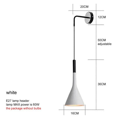 Modern matte black nordic led wall light with white conical pendant lamp and adjustable arm for bedroom reading decorbites black nordic