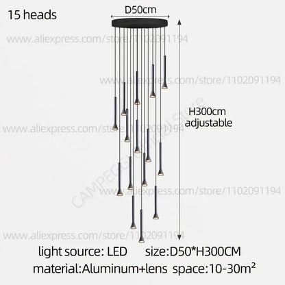 Modern matte black nordic pendant lamp with 15 slender led heads suspended from aluminum circular base for living room