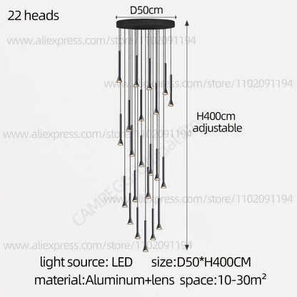 Modern matte black nordic pendant lamp with 22 slender led light heads and aluminum base for living room or staircase
