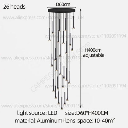 Black modern nordic pendant lamp with 26 slender led light heads on circular aluminum base for living room staircase