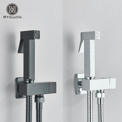 Modern matte black and polished chrome brass bidet faucet set featuring decorbites brass bidet nozzles for bathroom use