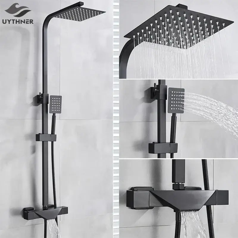 Modern matte black rain shower faucet set featuring a black matte-finished square shower faucet head with multiple nozzles