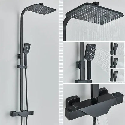 Modern matte black shower faucet set with square rainhead and handheld spray for bathroom wall mount use