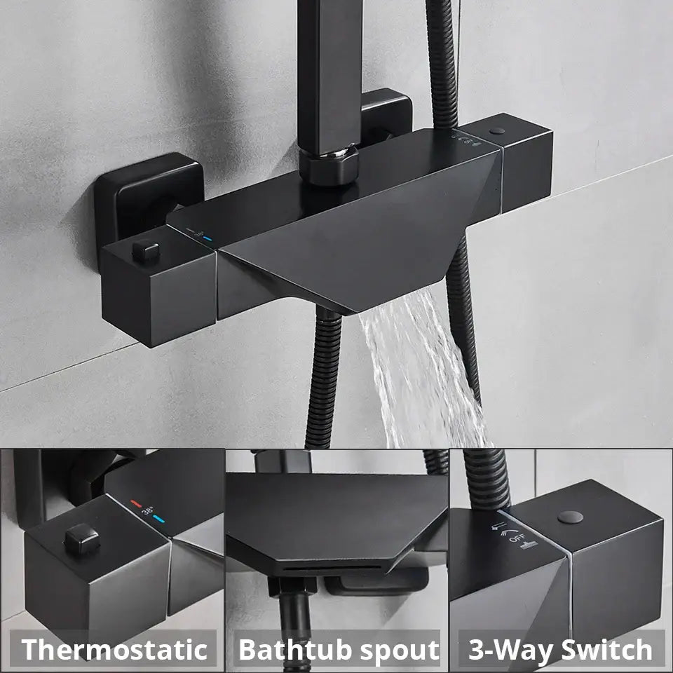 Modern matte black shower faucet set with geometric design and integrated bathtub spout wall mount for bathroom use