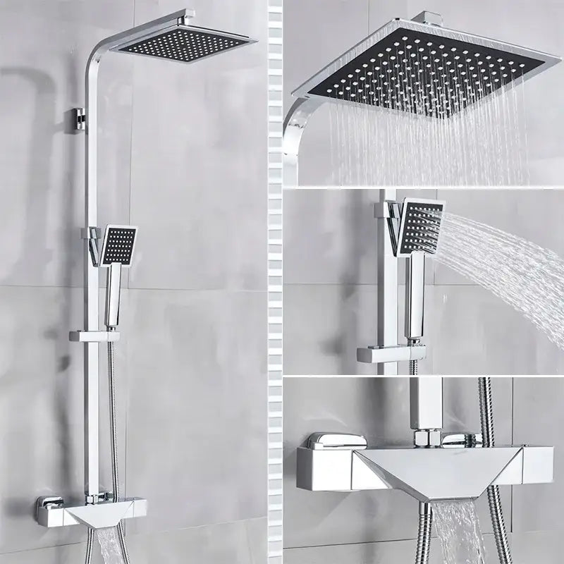 Modern chrome-finished shower faucet set with square rainhead and handheld spray for bathroom wall mount use