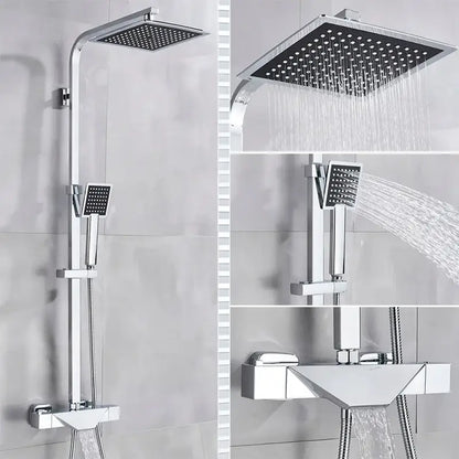 Modern chrome-finished shower faucet set with square rainhead and handheld spray for bathroom wall mount use