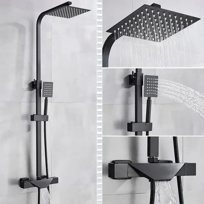 Modern matte black rain shower faucet set with black matte finish square head and integrated handheld spray for bathroom use