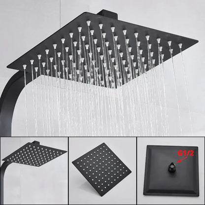 Modern matte black rain shower faucet set with black square rain shower head and white nozzles for bathroom wall mount