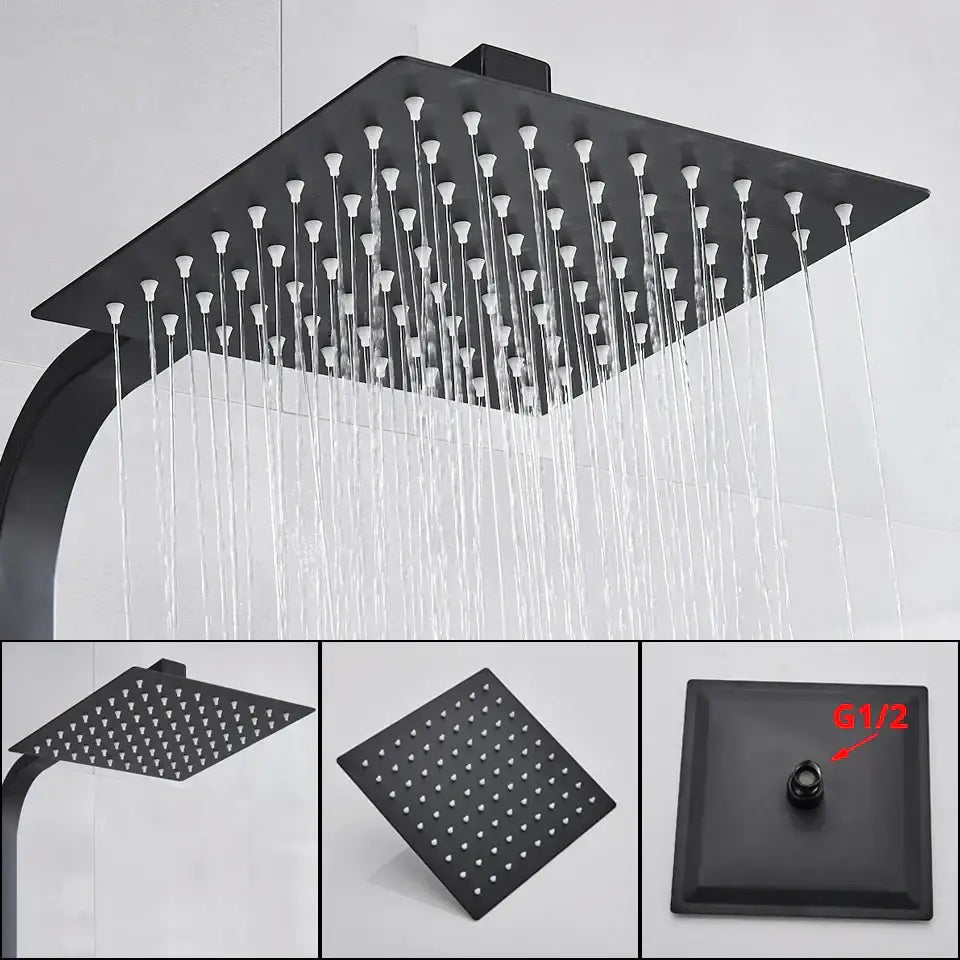 Modern matte black rain shower faucet set with black square rain shower head and white nozzles for bathroom wall mount