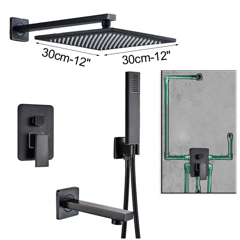 Modern matte black rain shower faucet with handshower featuring a black matte square showerhead with 30cm markings decorbites black rain shower faucet