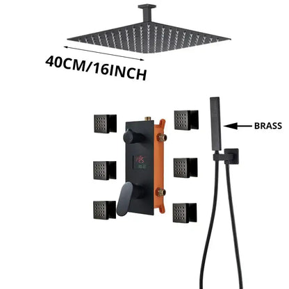 Modern matte black decorbites shower faucet with 40cm square rainfall head and multiple spray nozzles for massage system