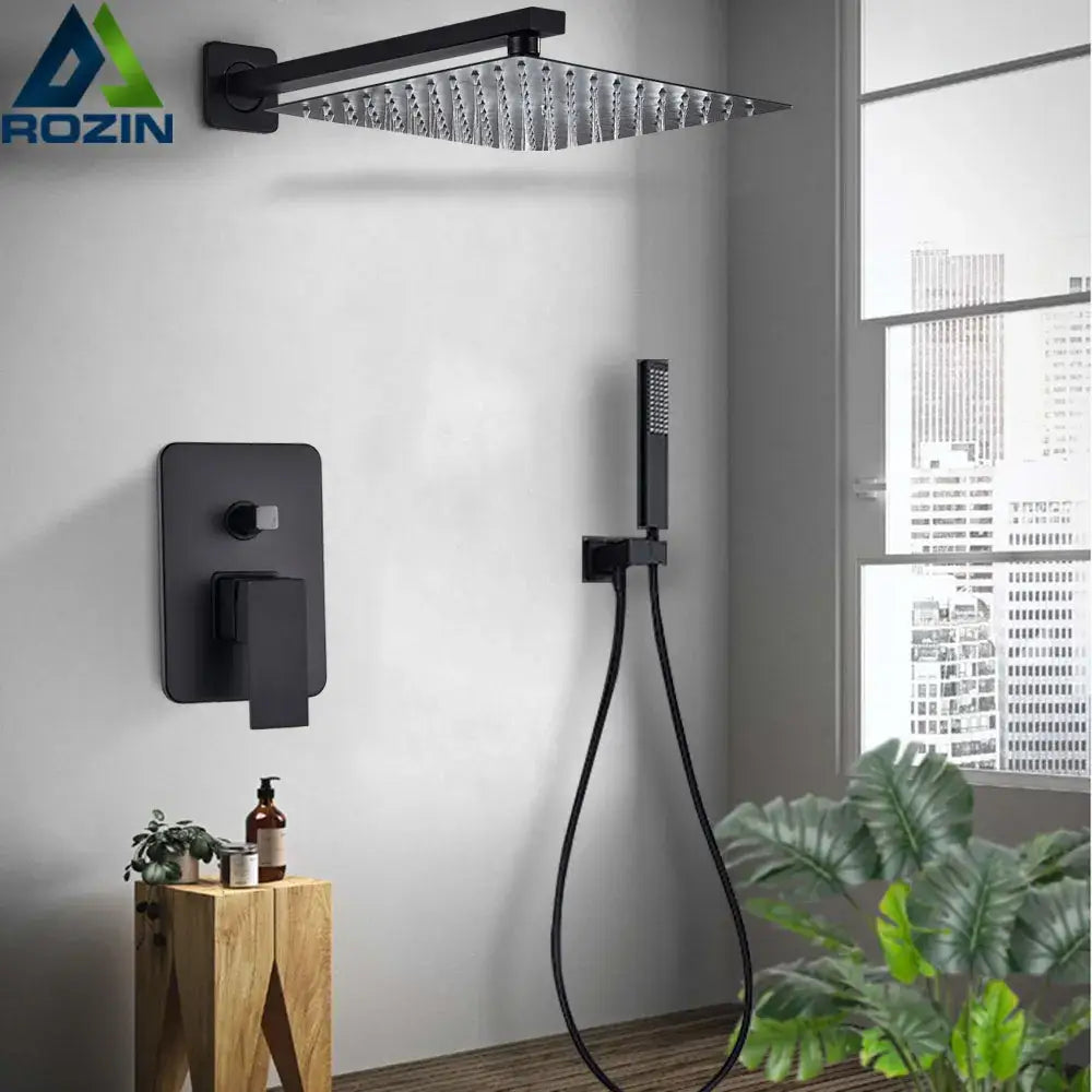 Modern matte black rainfall shower head with a textured grid surface and integrated wall mount for shower faucet use