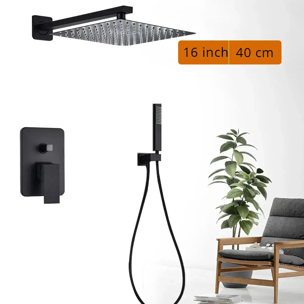 Black matte rainfall shower head with textured surface and integrated mounting bracket for modern shower faucet sets