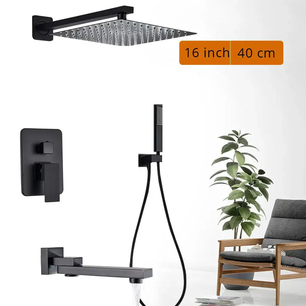 Modern matte black rainfall shower head with a black matte finish and integrated mounting bracket for shower faucet