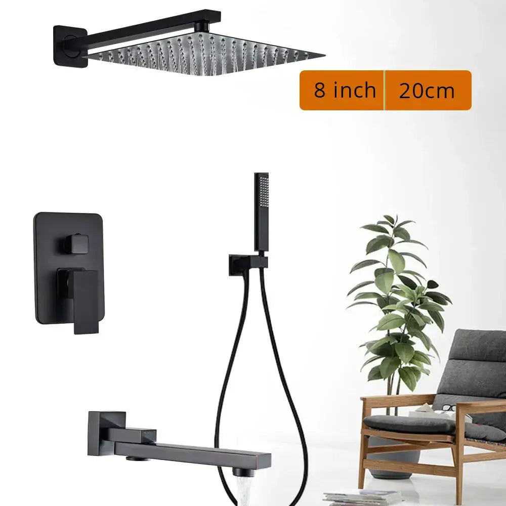 Modern matte black rainfall shower head with textured surface and matte finish in a shower faucet set