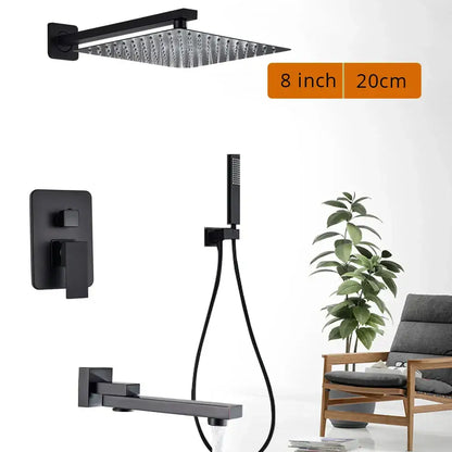 Modern matte black rainfall shower head with textured surface and matte finish in a shower faucet set