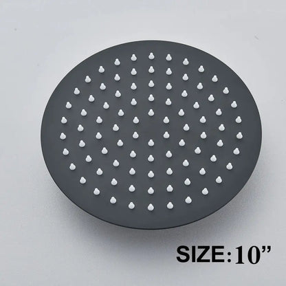 Modern matte black 10 inch round shower head set with a rainfall design and white nozzles for bathroom fixtures