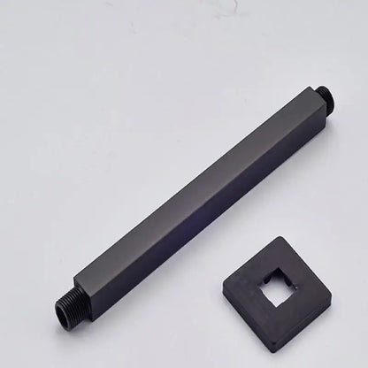 Modern matte black rainfall shower head set featuring a black matte rectangular shower arm with square mounting plate