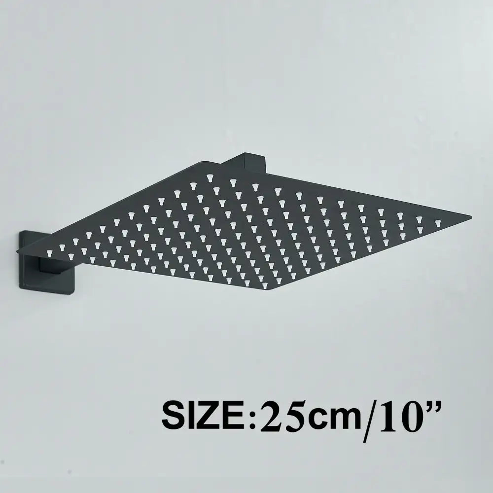 Modern matte black rainfall shower head set with black matte finished square shower head featuring evenly spaced nozzles