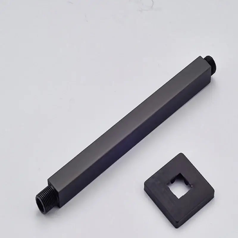 Modern matte black rainfall shower head set featuring a black matte-finished rectangular shower arm with square mount
