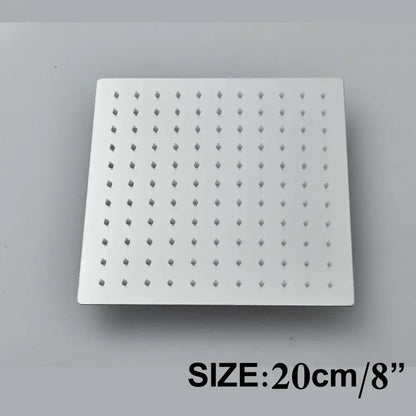 Modern matte black square shower head set with grid of small nozzles for a rainfall bathroom fixture