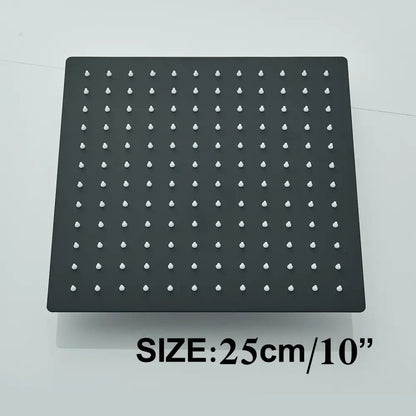 Modern matte black shower head set with a square rainfall head and white nozzle grid for bathroom fixtures
