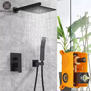 Modern matte black rainfall shower set with square matte-finish rain shower head handheld and wall-mounted control valve