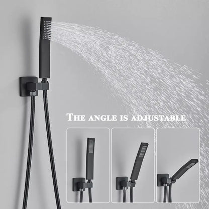 Modern matte black rainfall shower set features a black matte-finish adjustable rectangular showerhead with textured spray pattern