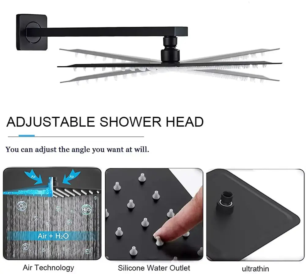 Black matte-finish adjustable shower head with square wall mount and multiple nozzles in modern rainfall set bathroom