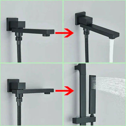 Modern matte black rainfall shower with slider bar featuring black matte-finish integrated handheld and rainfall spray heads decorbites black rainfall